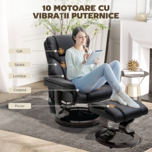 Scaun cu Puf Suport pentru Picioare și Funcție de Masaj, Reclinabil la 145° și Rotativ la 360°, Negru - Img 4