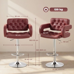 Scaun de Bar cu Înălțime Reglabilă, Scaun de Bucătărie Înalt din PU cu Spătar, Suport pentru Picioare, Cotiere și Șezut Confortabil, Structură Metalică, Rotativ la 360°, pentru Insulă, Roșu Vin - Img 3