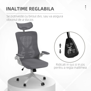 Scaun de Birou cu Inaltime Reglabila cu Tetiera, Suport Lombar si Cotiere Rabatabile, 65x64x120-130 cm, Gri si Negru - Img 4