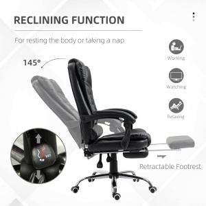 Scaun de Birou din Piele artificiala Neagra Inaltime Reglabila cu Spatar Rabatabil la 145° si Suport pentru Picioare, 64,5x69x117-127 cm - Img 5