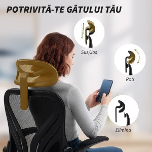 Scaun de Birou Ergonomic cu Brațe Rabatabile și Spătar Pliabil, Scaun pentru Birou cu Funcție de Balansare, Tetieră Reglabilă, Rotativ, Negru - Img 6