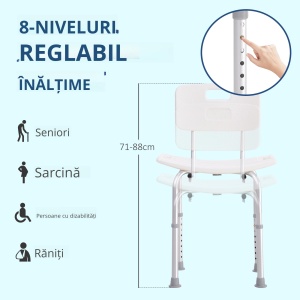 Scaun de Duș Antiderapant cu Spătar și Înălțime Reglabilă pe 8 Poziții, 50,6x43x71-88 cm, Alb - Img 6
