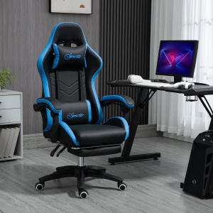 Scaun de gaming din piele ecologica PU si otel cu inaltime reglabila si spatar inclinabil, 65x65x121-129 cm, albastru si negru - Img 2