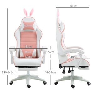 Scaun de Gaming Ergonomic cu Urechi de Iepure și Suport pentru Picioare Extensibil, 65x63x136-142 cm, Roz - Img 3