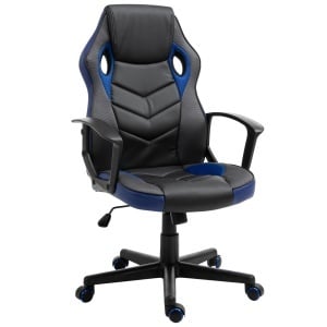 Scaun de Gaming Fotoliu de Birou Rotativ cu Roti din Piele ecologica Negru si Albastru - Img 1
