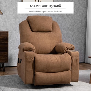 Scaun Electric Rabatabil cu 8 Puncte de Masaj și Telecomandă, Fotoliu Modern din Țesătură cu Efect de In, 90x101x107 cm, Cafea - Img 9
