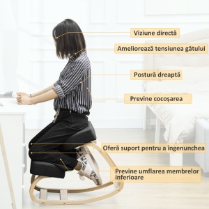 Scaun Ergonomic cu Suport Genunchi – Lemn Mesteacan, Negru - Img 5