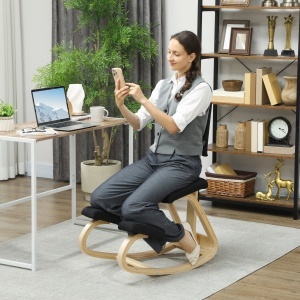 Scaun Ergonomic pentru Genunchi din Țesătură cu Aspect de In și Lemn de Mesteacăn, Negru - Img 2