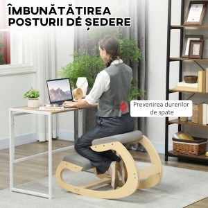 Scaun pentru genunchi din țesătură cu aspect de in și lemn, Gri deschis - Img 4