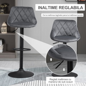 Scaune Bar x2 – Pivotante, Gri Catifelat, inaltime Reglabila - Img 4