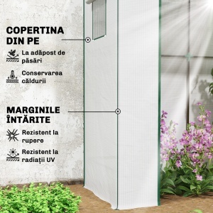 Sera de Grădină cu Acoperiș Înclinat, 2 Ferestre și Ușă Rulabilă, Sera pentru Grădină cu Structură din Oțel, Acoperiș din PE Anti-UV, pentru Grădină, Legume, Flori, Plante, 196x77x197 cm, Alb - Img 4