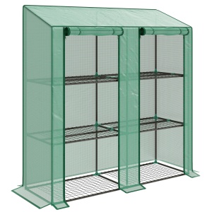 Seră de Grădină cu Copertină din PE, Seră cu Acoperiș Înclinat, 2 Uși Rulante și 6 Rafturi, 143x46x151cm, Verde - Img 1