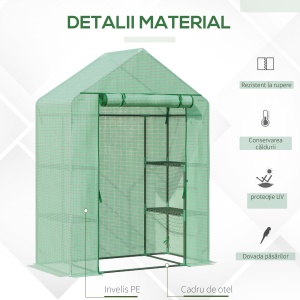 Sera de Gradina din Otel si Plastic PE cu 4 Rafturi, Franghii si Tarusi Inclusi, 141x72x191 cm, Verde - Img 4