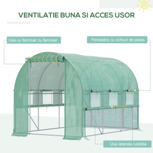 Sera de Grădină tip Tunel 3x2x2 m cu Ușă Rulabilă și 6 Ferestre cu Plasă, Sera pentru Grădină cu Structură din Oțel și Acoperiș din PE, pentru Legume, Flori, Fructe, Anti-UV, Verde - Img 4