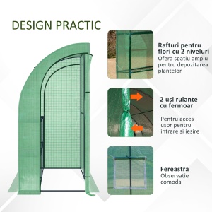 Sera de Perete cu 2 Rafturi pentru Plante si Flori din Otel si PE, 200x100x213cm - Verde - Img 4