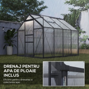 Seră din Policarbonat, Cadru de Aluminiu pentru Exterior, Ușă Glisantă și Ventilare, 6.2'x8.3'x6.6' Gri - Img 7