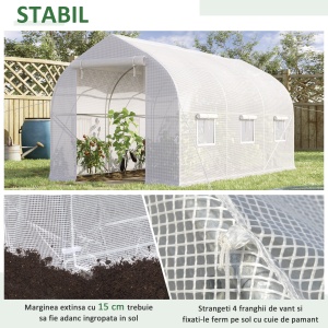 Seră Tip Tunel Anti-UV cu 6 Ferestre cu Plasă și Intrare Rulabilă, Metal și PE, 4x2x2 m, Alb - Img 5