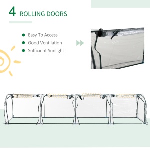 Sera tip tunel din otel si folie PVC impermeabila si anti-UV cu 4 usi cu fermoar, 395x100x80 cm, verde inchis si transparenta - Img 4