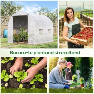 Seră Tunel cu 4 Ferestre şi Usă Rulantă cu Fermoar, Seră pentru Plante din Oţel Zincat şi Polietilenă, 3x2x1.9 m, Alb - Img 7