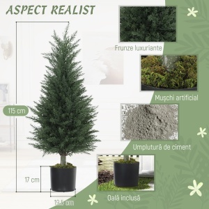 Set 2 Plante Artificiale de Chiparos cu 362 Frunze și Ghiveci cu Ciment și Mușchi, Plante Rezistente la UV, Ø40x90 cm, Verde - Img 4