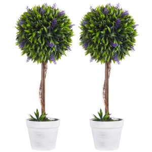 Set 2 Plante Artificiale Sferice cu Flori de Lavandă şi Vas, Ø24x60 cm, Verde - Img 1