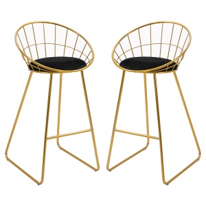Set 2 Scaune Inalte, Suport pentru picioare, Perna de catifea, Poliester/Metal, 52.5x47x97cm, Negru/Auriu - Img 1