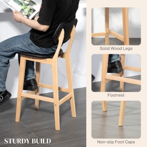 Set 2 Taburete cu Spătar și Tapițerie din Piele Artificială, Taburete Înalte din Lemn, 42x47x92 cm, Natural și Negru - Img 6