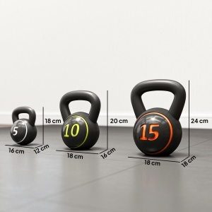 Set 3 Kettlebell de 2.2 kg, 4.5 kg și 6.8 kg cu Suport pentru Greutăți, din Plastic și Nisip, Negru - Img 3