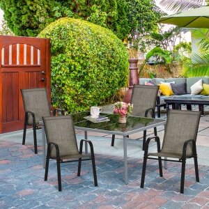 Set 4 Piese Scaune de Gradina cu Cotiere, Scaune de Exterior Stivuibile din Metal si Tesatura Respirabila, Maro - Img 2