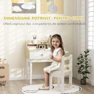 Set Birou pentru Copii cu Raft de Depozitare, Sertar și Scaun din Lemn, 80,4x50x96 cm, Alb - Img 6