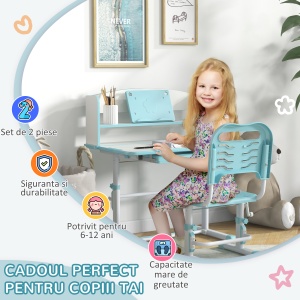 Set Birou si Scaun pentru Copii Reglabil in Inaltime Birou de Studiu pentru Copii pentru Scoala cu Sertar Raft pentru Carti Masa cu Unghi Reglabil - Img 4
