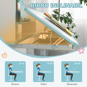 Set Birou si Scaun pentru Copii Reglabil in Inaltime Birou de Studiu pentru Copii pentru Scoala cu Sertar Raft pentru Carti Masa cu Unghi Reglabil - Img 7