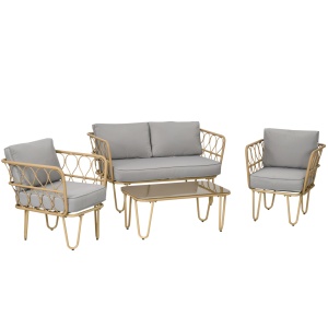 Set canapea din ratan PE din 4 piese, Seturi de mobilier de conversatie pentru gradina impletite, cu impletitura rotunda, cu perne groase capitonate si masuta cu sticla pentru balcon - Img 1