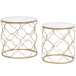Set de 2 Masute pentru Salon care se pot Stivui Art Deco, Masute de Cafea din Metal cu Blat din Sticla Securizata, Auriu - Img 1
