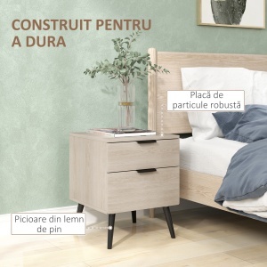 Set de 2 Noptiere cu 2 Sertare pentru Dormitor sau Camera de Zi, 40x40x50 cm, Lemn Natural - Img 6