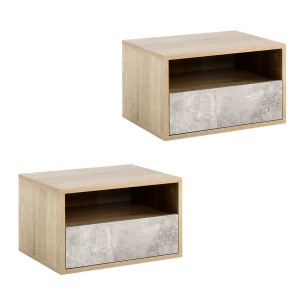 Set de 2 Noptiere Suspendate cu Sertar si Etajera 45x35x27.5cm - Gri/Culoare Lemn - Img 1