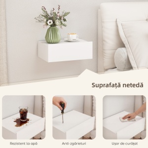 Set de 2 Noptiere Suspendate pentru Dormitor cu Sertar, 40x30x15 cm, Alb - Img 6