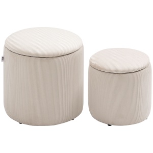 Set de 2 Poufuri Rotunde și Îmbrăcate în Catifea, cu Spațiu de Depozitare, Alb