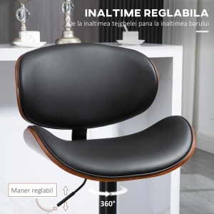 Set de 2 Scaune de Bar cu Spătar Reglabil pe Înălțime, Lemn și Piele Ecologică, 53x52x92-112 cm, Negru - Img 5