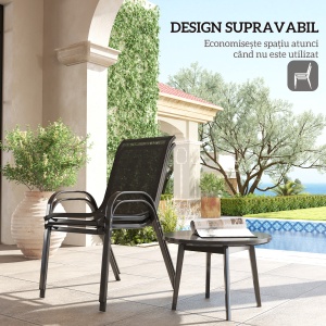 Set de 2 Scaune de Prânz pentru Exterior, Scaune Suprapozabile cu Spătar Înalt, Șezut Respirabil pentru Grădină, Verandă, Negru - Img 4