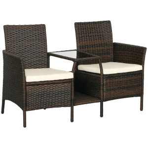 Set de 2 Scaune din Ratan cu Măsuță de Ceai, Canapea pentru 2 Persoane pentru Exterior cu Perne, 38x60x87 cm, Maro - Img 1