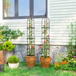 Set de 2 Suporturi pentru Plante Cățărătoare înalte de 1,74 m, Suporturi din Oțel cu Decorațiuni, pentru Trandafiri, Roșii, Flori, Mazăre și Legume, Negru - Img 2