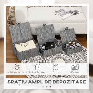 Set de 3 cosuri din rachita PP cu capac, containere dreptunghiulare de diferite dimensiuni, gri - Img 6