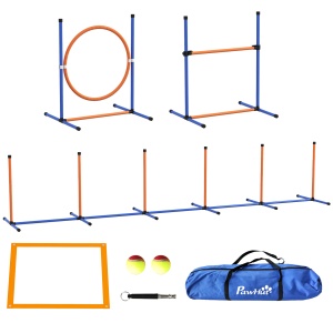 Set de agilitate pentru câini cu inel și bară pentru sărituri, stâlpi pentru slalom, fluier, mingi, portocaliu