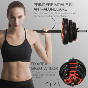 Set de bare si placi de greutati de 20 kg cu maner antiderapant din PU, Ø17x140 cm, negru si rosu - Img 6