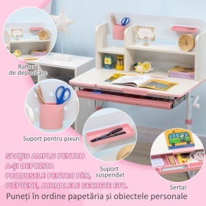 Set de Birou și Scaun pentru Copii de la 3 Ani Reglabil, Masă Inclinabilă 60° cu Sertar și Rafturi, Roz - Img 6