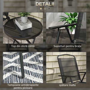 Set de Exterior din 3 Piese cu Masă cu Blat din Sticlă și 2 Scaune Pliabile din Plasă, Ф45x50 cm, Gri Deschis - Img 7