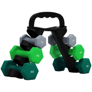 Set de Gantere de Sală cu Suport Pliabil, 2x1 kg, 2x2 kg, 2x3 kg, Gantere Hexagonale de Metal cu Mâner, Antrenament Fitness Acasă, Multicolor - Img 1