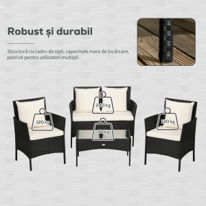 Set de Gradina 4 Piese din Ratan cu 2 Scaune, Fotoliu de Gradina cu 2 Locuri si Masuta Joasa de Cafea, Negru si Crem - Img 8