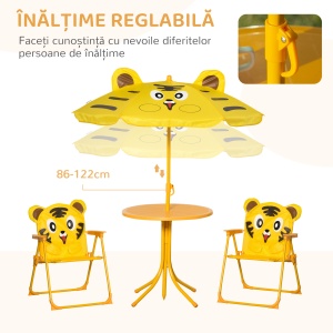 Set de Grădină 4 Piese pentru Copii cu Model Tigru și Măsuță Rotundă, 2 Scaune Pliabile și o Umbrelă Reglabilă, Măsuță cu Scaune pentru Copii 3-6 Ani de Exterior, Galben - Img 5